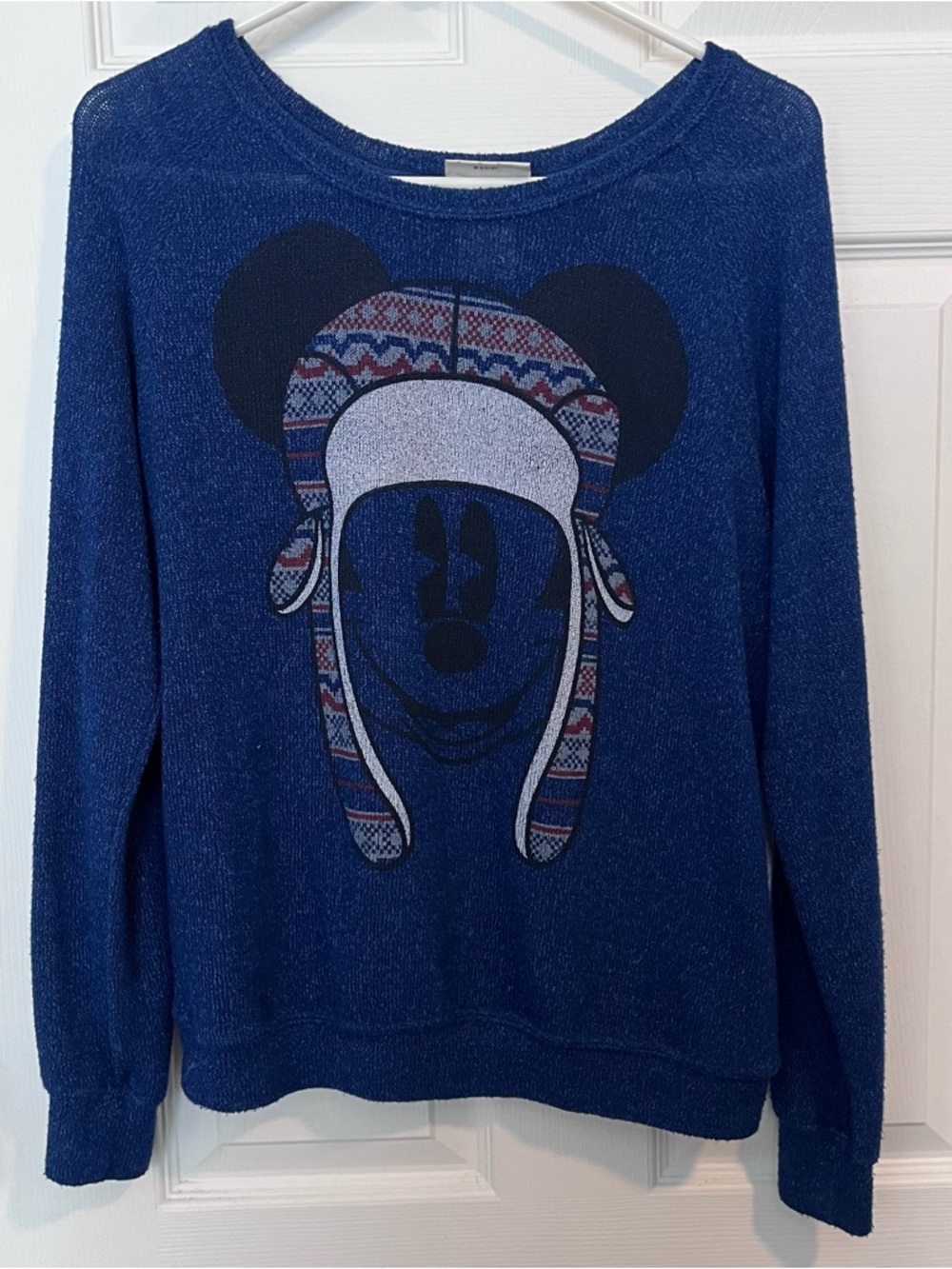 Disney Parks Women's Mickey Mouse Sweater Winter Hat Blue Pullover Sz M Holiday